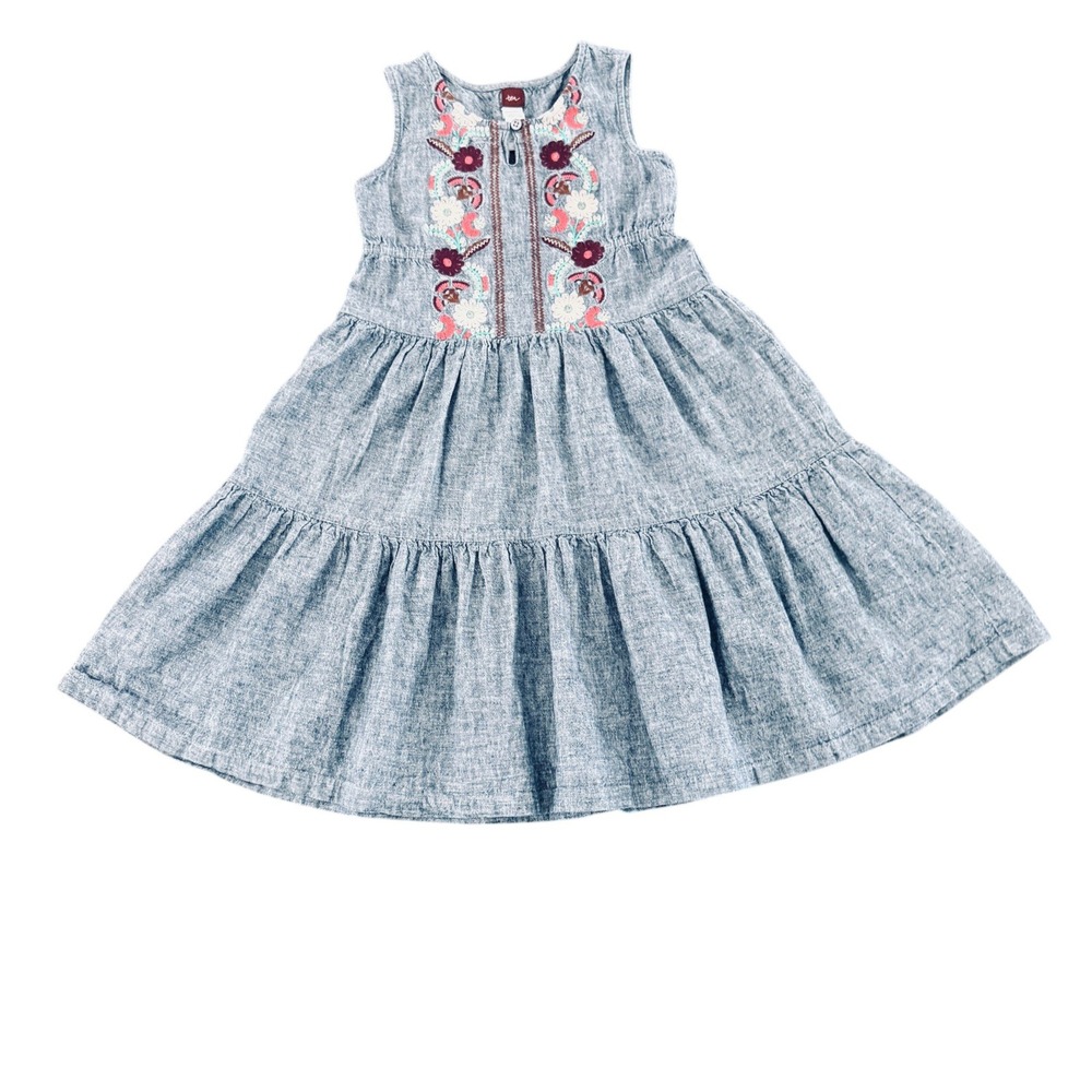 Tea Collection Girls Floral Embroidered Tiered Dress 7 Blue Linen Blend Summer